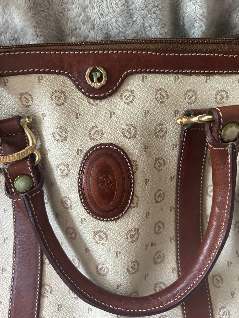 Pollini Satchel Bag Purse Brown Vintage Italian Leather Monogram Double Handle - Picture 3 of 12
